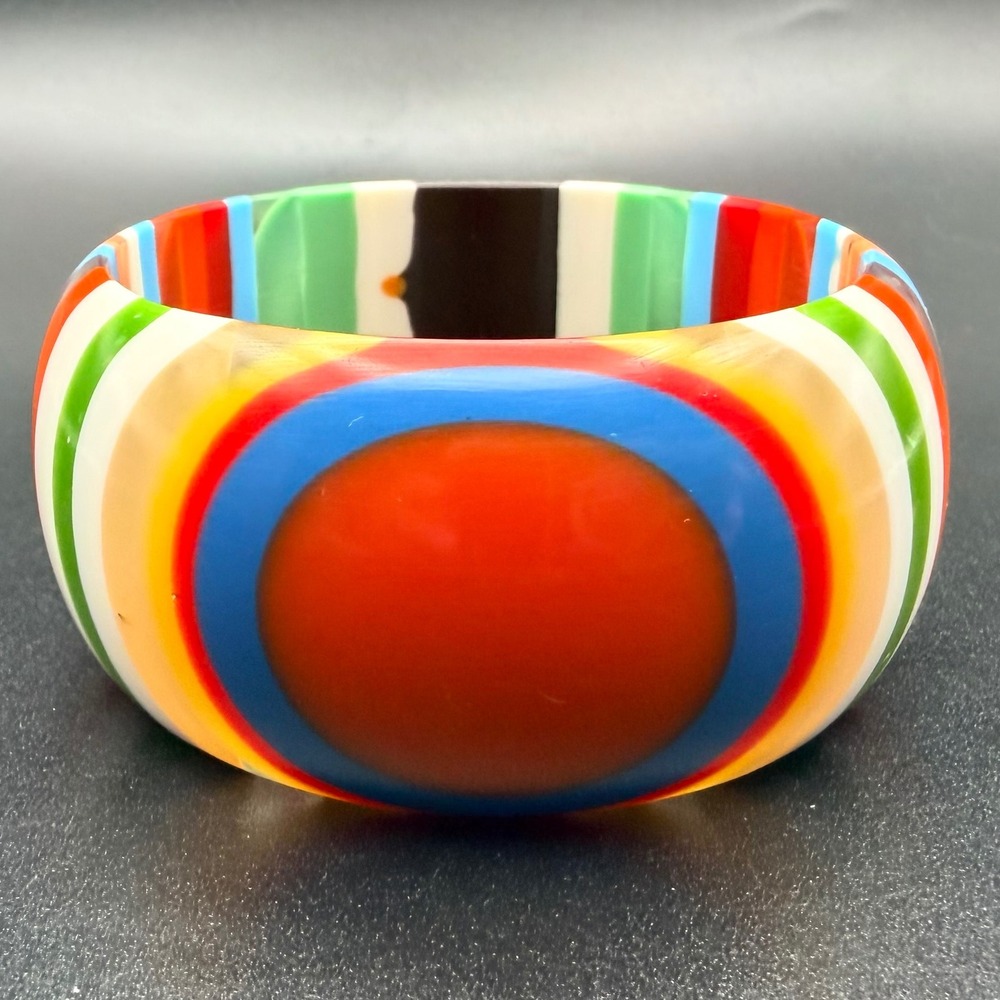 Vintage Bangle Bracelet Multicolor Laminated Striped Bullseye Chunky‎ Acrylic 8 - Picture 8 of 10